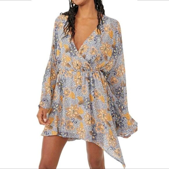 Free People Teegan mini dress blue orange floral boxy flowy chiffon asymmetric L - Picture 1 of 6